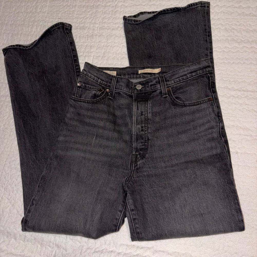 Levis Premium Ribcage Flare Jeans Washed Black High Rise Button Fly 29x32